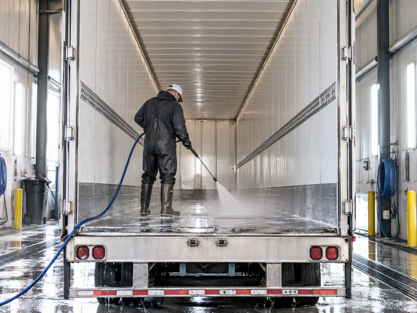 The interior of a dry van semi-trailer after a washout