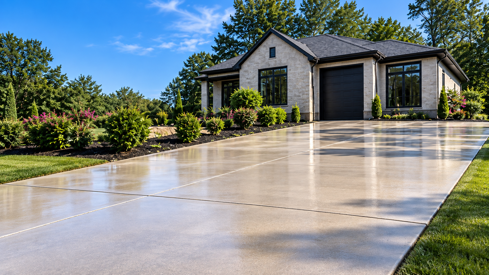 Water spraying across a clean residential driveway in front of a brick Georgia home