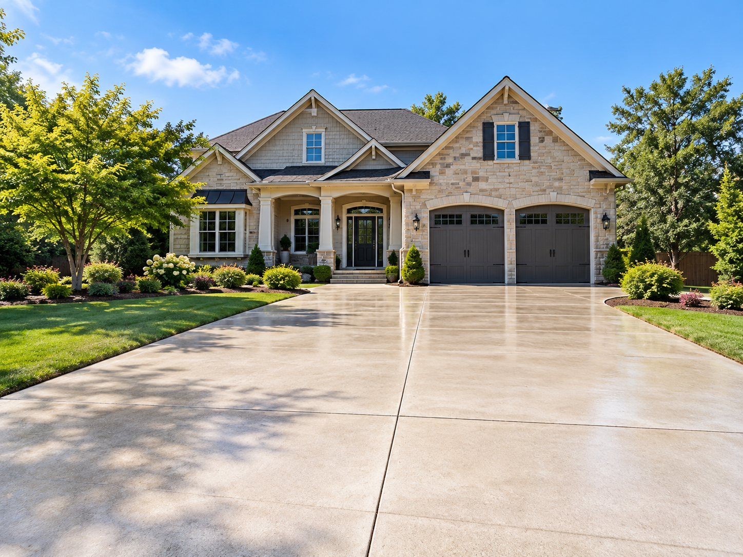 A residential concrete driveway being cleaned in front of a Georgia home